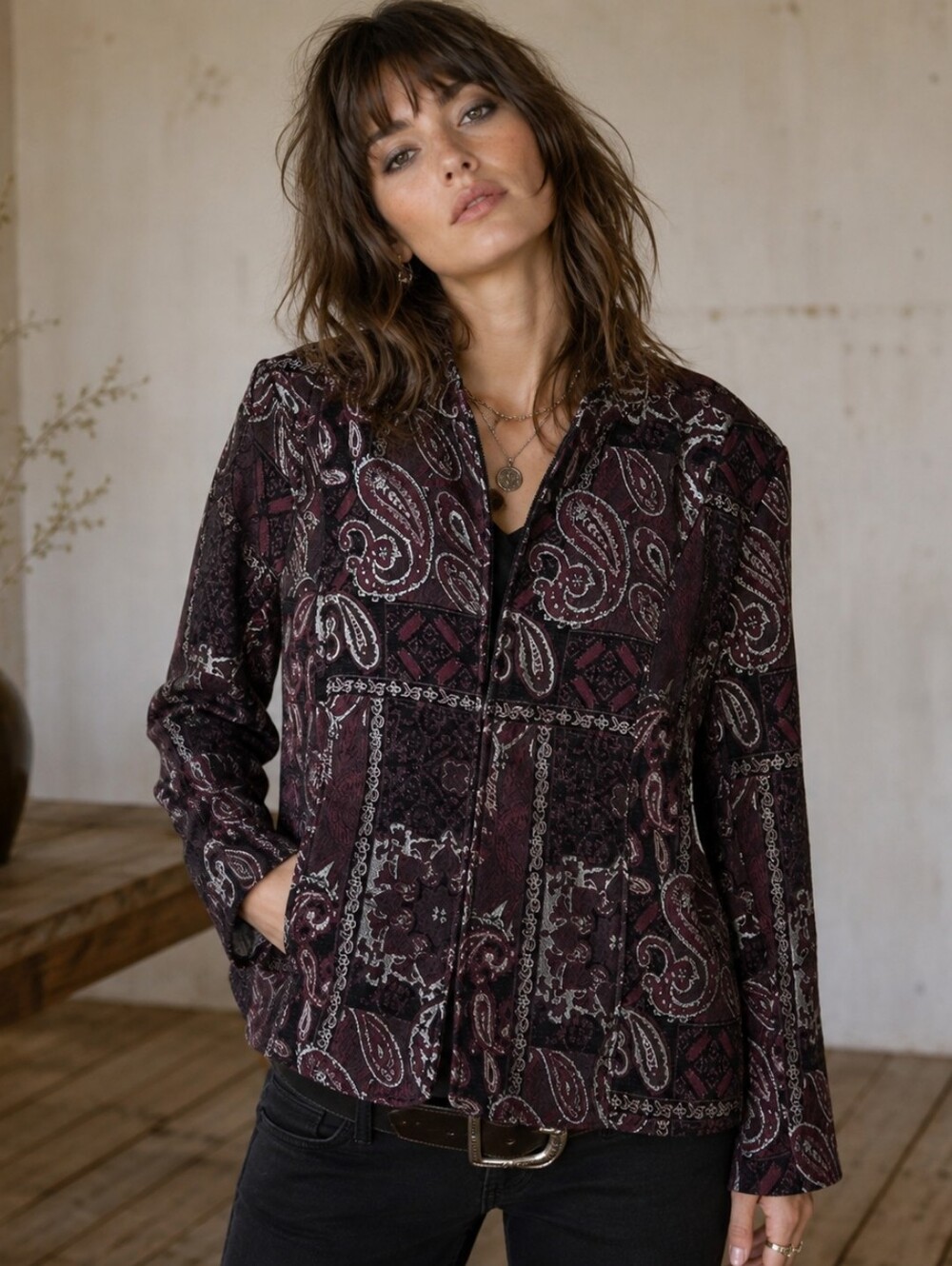 VTG Christopher Banks Blazer Jacket Womens 1X Tapestry Zip Paisley Black Maroon